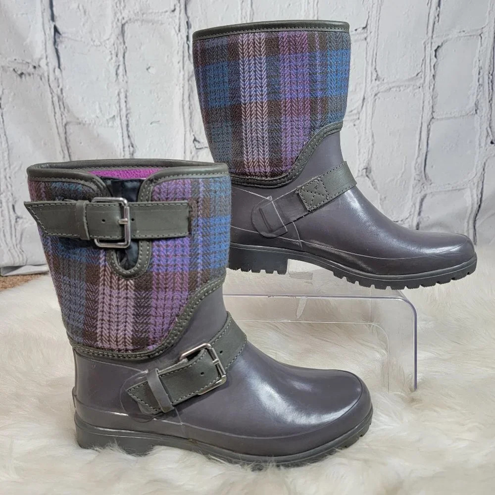 Sperry Rain Boots ‎ Womens 6 Plaid Fabric Rubber Waterproof Outdoor Preppy Cute
